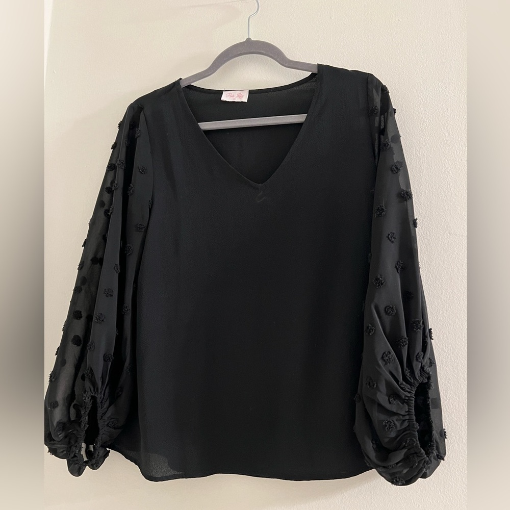 PINK LILY BLACK POLKA DOT SHEER SLEEVE BLOUSE